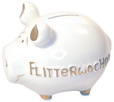 Preview: Sparschwein „Flitterwochen“ weiß – KCG Keramik Spardose mit moderenen 3D-Dekor Maße ca.: L= 12,5 cm